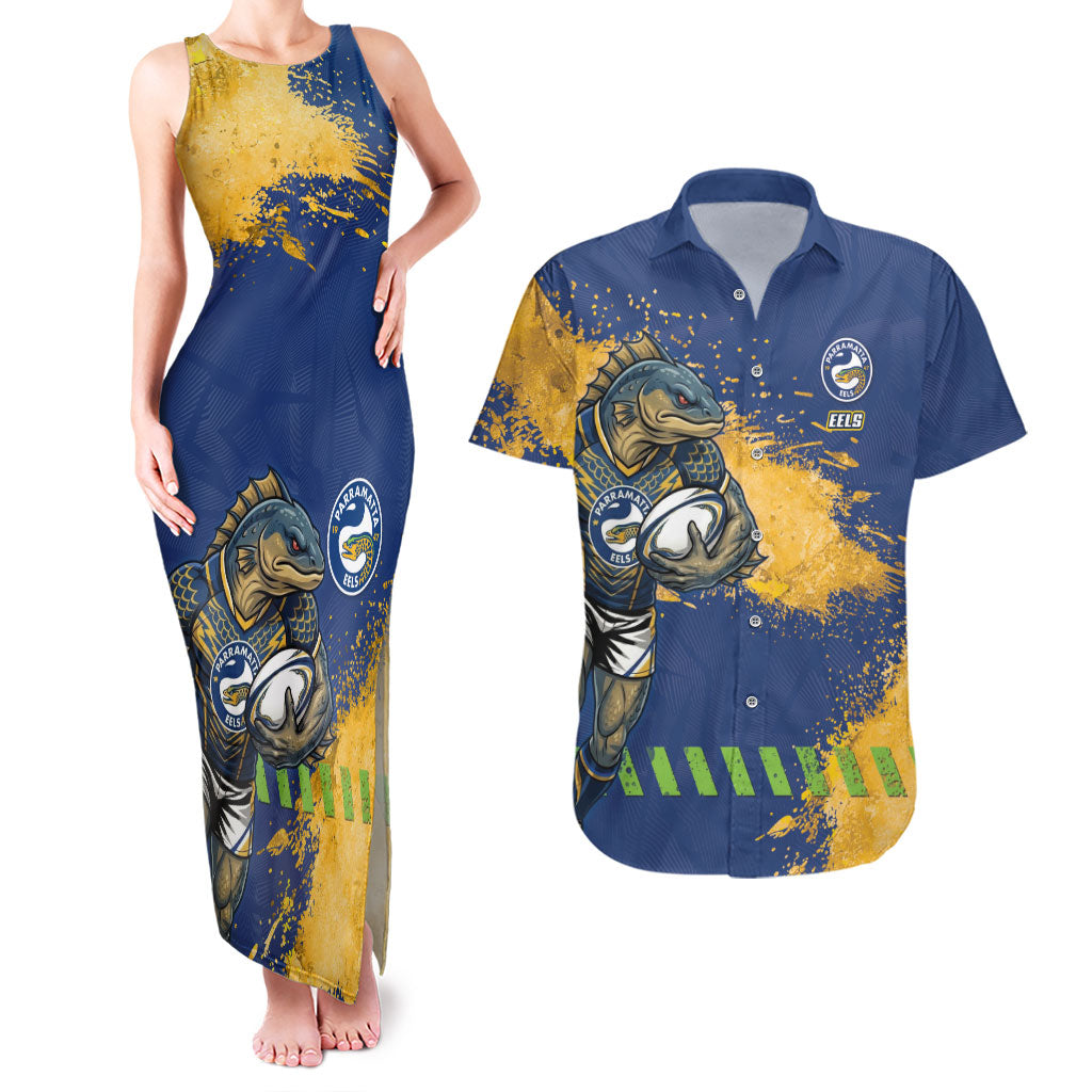 Personalised Parramatta Eels Rugby Couples Matching Tank Maxi Dress and Hawaiian Shirt Eel Mascot - Sporty Splash Art Style