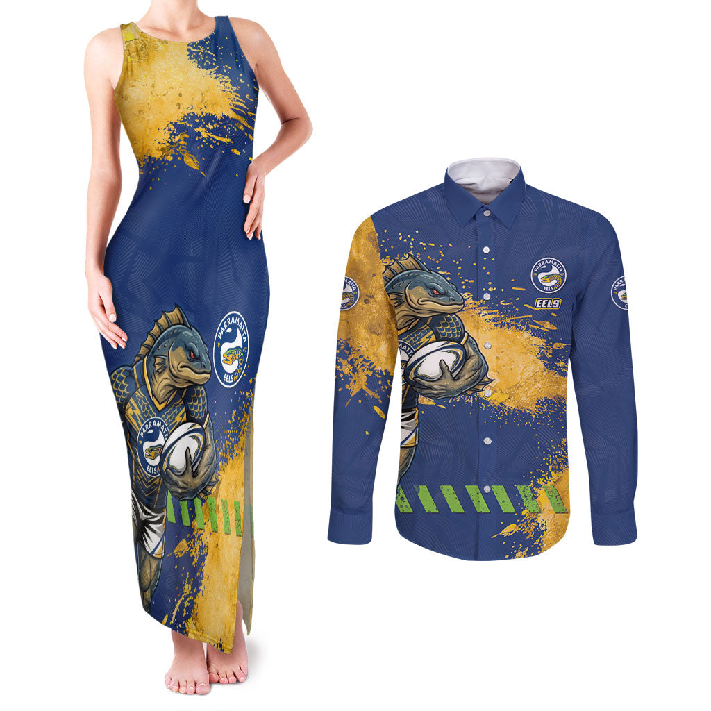 Personalised Parramatta Eels Rugby Couples Matching Tank Maxi Dress and Long Sleeve Button Shirt Eel Mascot - Sporty Splash Art Style