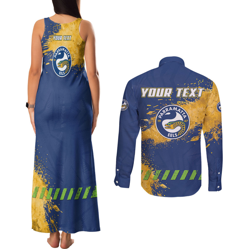 Personalised Parramatta Eels Rugby Couples Matching Tank Maxi Dress and Long Sleeve Button Shirt Eel Mascot - Sporty Splash Art Style