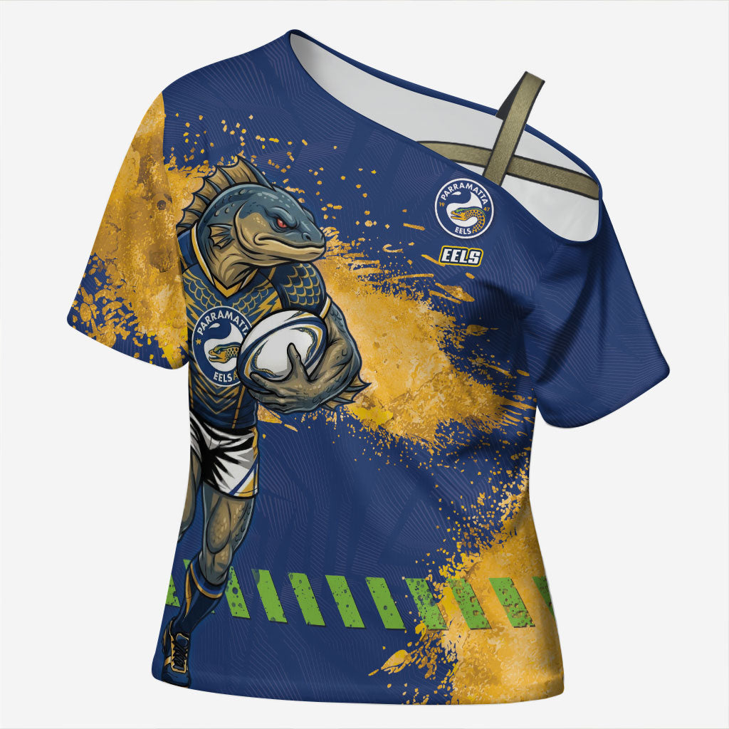 Personalised Parramatta Eels Rugby Cross Shoulder Shirt Eel Mascot - Sporty Splash Art Style