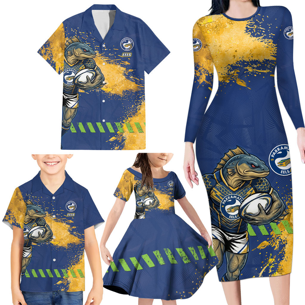 Personalised Parramatta Eels Rugby Family Matching Long Sleeve Bodycon Dress and Hawaiian Shirt Eel Mascot - Sporty Splash Art Style