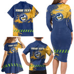 Personalised Parramatta Eels Rugby Family Matching Long Sleeve Bodycon Dress and Hawaiian Shirt Eel Mascot - Sporty Splash Art Style