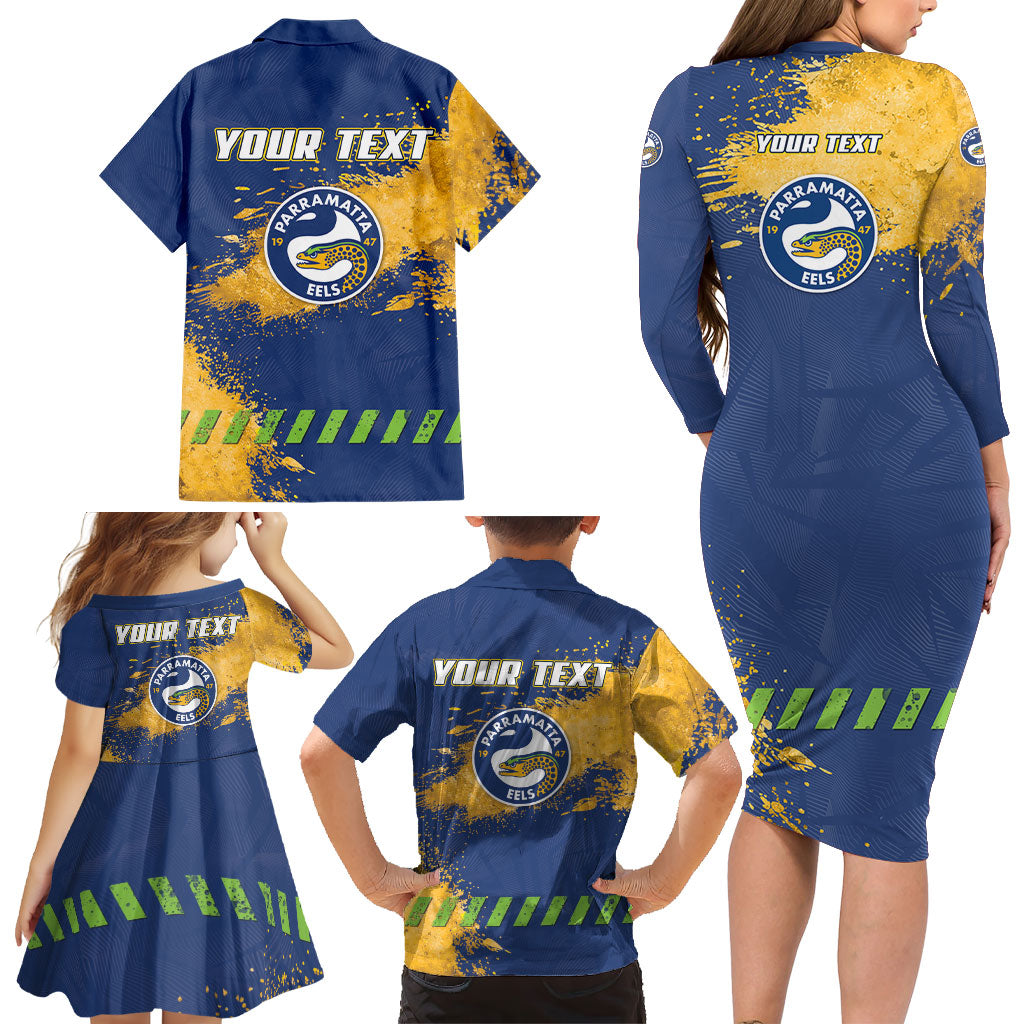 Personalised Parramatta Eels Rugby Family Matching Long Sleeve Bodycon Dress and Hawaiian Shirt Eel Mascot - Sporty Splash Art Style