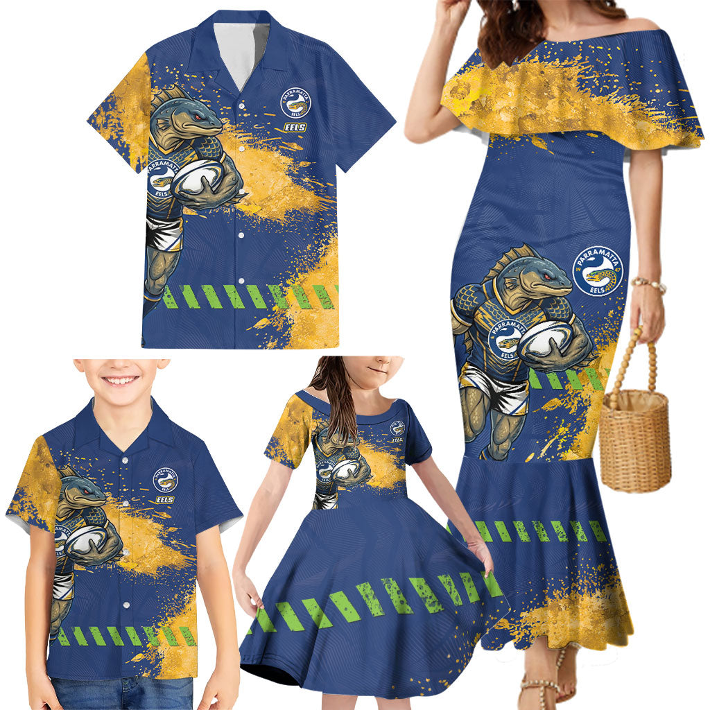 Personalised Parramatta Eels Rugby Family Matching Mermaid Dress and Hawaiian Shirt Eel Mascot - Sporty Splash Art Style