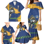 Personalised Parramatta Eels Rugby Family Matching Mermaid Dress and Hawaiian Shirt Eel Mascot - Sporty Splash Art Style