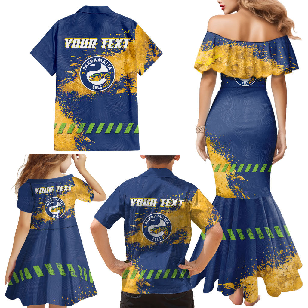 Personalised Parramatta Eels Rugby Family Matching Mermaid Dress and Hawaiian Shirt Eel Mascot - Sporty Splash Art Style
