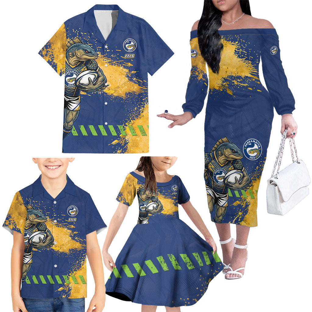 Personalised Parramatta Eels Rugby Family Matching Off The Shoulder Long Sleeve Dress and Hawaiian Shirt Eel Mascot - Sporty Splash Art Style