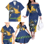 Personalised Parramatta Eels Rugby Family Matching Off The Shoulder Long Sleeve Dress and Hawaiian Shirt Eel Mascot - Sporty Splash Art Style