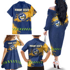 Personalised Parramatta Eels Rugby Family Matching Off The Shoulder Long Sleeve Dress and Hawaiian Shirt Eel Mascot - Sporty Splash Art Style