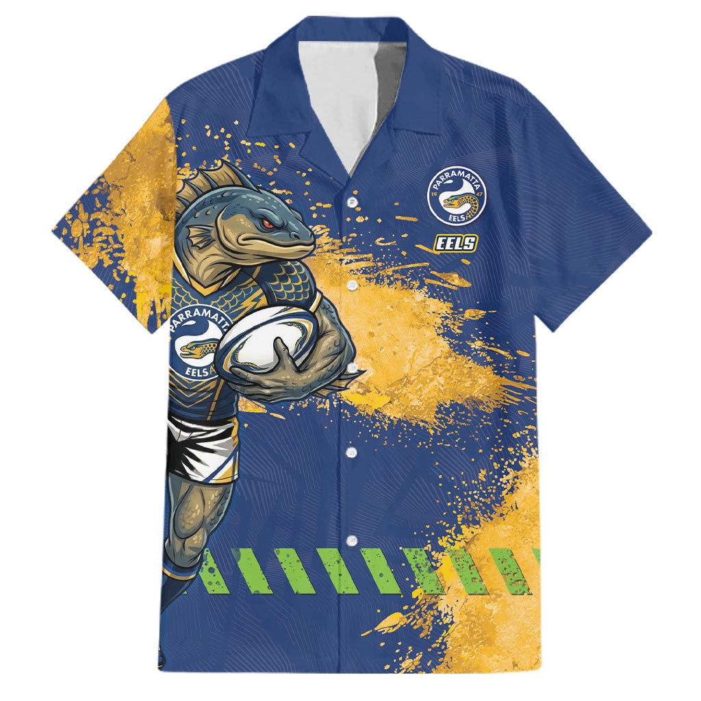 Personalised Parramatta Eels Rugby Family Matching Off The Shoulder Long Sleeve Dress and Hawaiian Shirt Eel Mascot - Sporty Splash Art Style