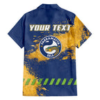 Personalised Parramatta Eels Rugby Family Matching Off The Shoulder Long Sleeve Dress and Hawaiian Shirt Eel Mascot - Sporty Splash Art Style