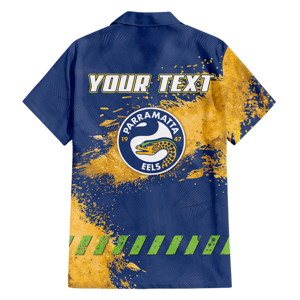 Personalised Parramatta Eels Rugby Family Matching Off The Shoulder Long Sleeve Dress and Hawaiian Shirt Eel Mascot - Sporty Splash Art Style