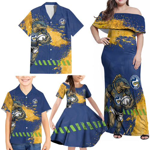 Personalised Parramatta Eels Rugby Family Matching Off Shoulder Maxi Dress and Hawaiian Shirt Eel Mascot - Sporty Splash Art Style