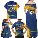 Personalised Parramatta Eels Rugby Family Matching Off Shoulder Maxi Dress and Hawaiian Shirt Eel Mascot - Sporty Splash Art Style