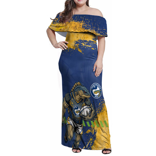 Personalised Parramatta Eels Rugby Family Matching Off Shoulder Maxi Dress and Hawaiian Shirt Eel Mascot - Sporty Splash Art Style