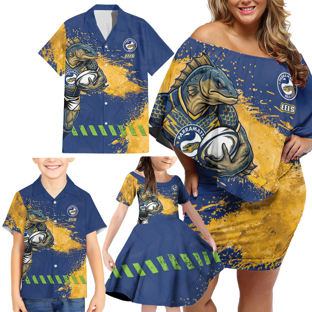 Personalised Parramatta Eels Rugby Family Matching Off Shoulder Short Dress and Hawaiian Shirt Eel Mascot - Sporty Splash Art Style