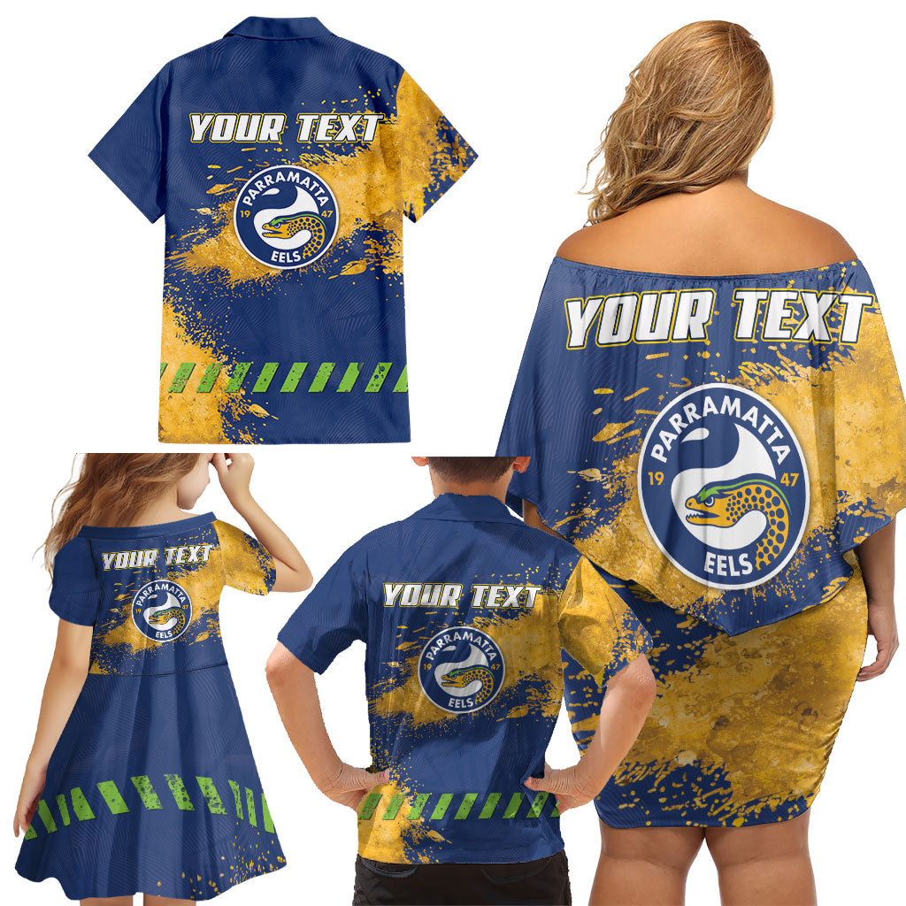Personalised Parramatta Eels Rugby Family Matching Off Shoulder Short Dress and Hawaiian Shirt Eel Mascot - Sporty Splash Art Style