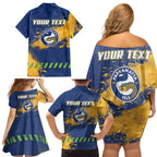 Personalised Parramatta Eels Rugby Family Matching Off Shoulder Short Dress and Hawaiian Shirt Eel Mascot - Sporty Splash Art Style