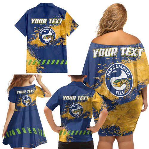 Personalised Parramatta Eels Rugby Family Matching Off Shoulder Short Dress and Hawaiian Shirt Eel Mascot - Sporty Splash Art Style