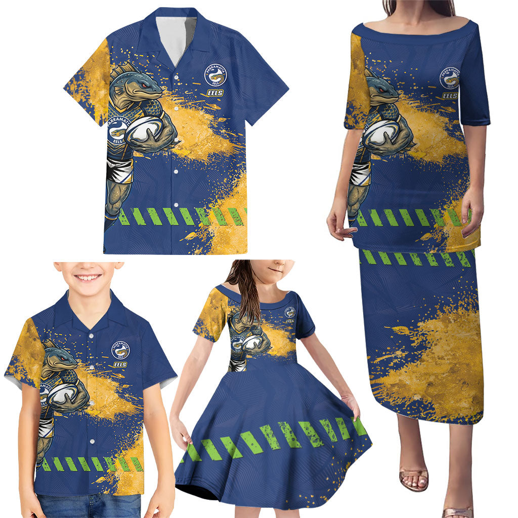 Personalised Parramatta Eels Rugby Family Matching Puletasi and Hawaiian Shirt Eel Mascot - Sporty Splash Art Style