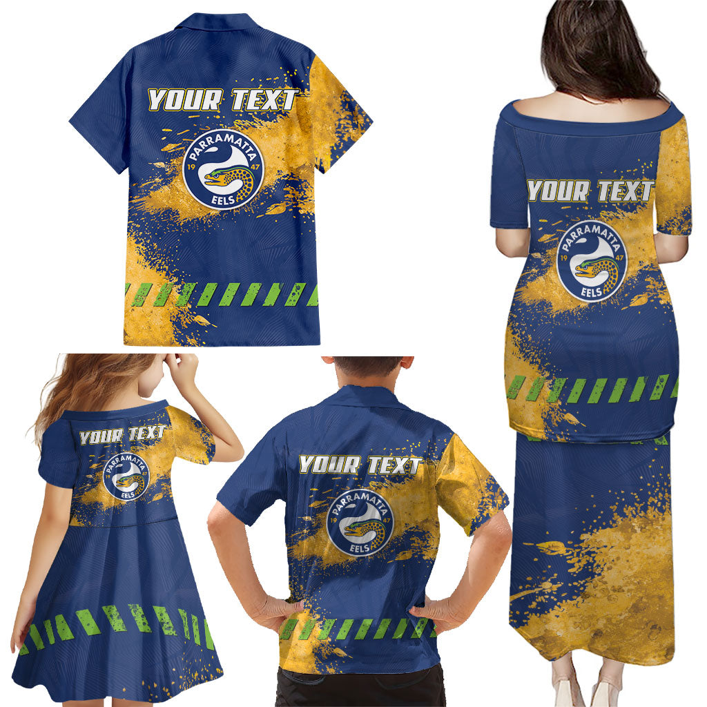 Personalised Parramatta Eels Rugby Family Matching Puletasi and Hawaiian Shirt Eel Mascot - Sporty Splash Art Style