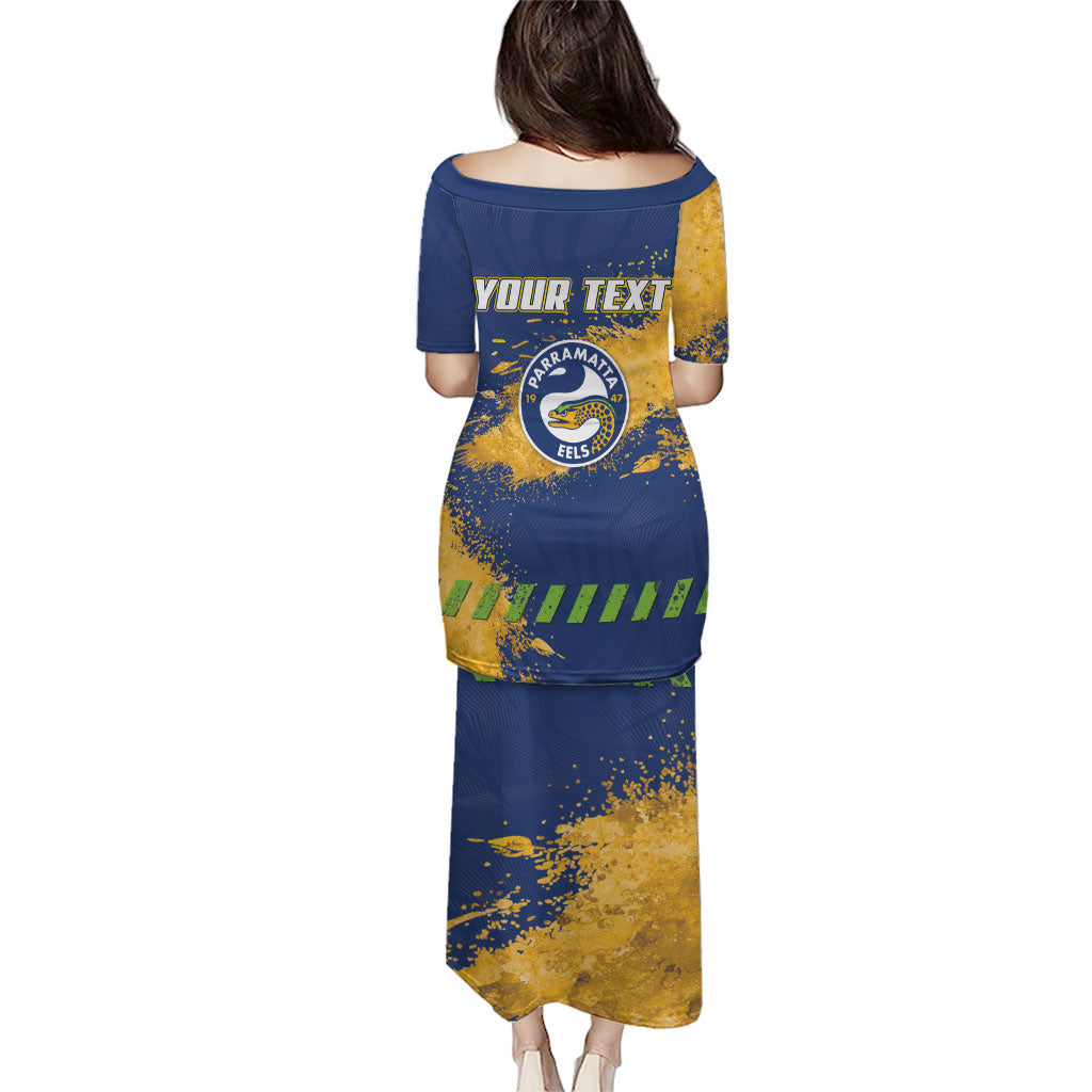 Personalised Parramatta Eels Rugby Family Matching Puletasi and Hawaiian Shirt Eel Mascot - Sporty Splash Art Style