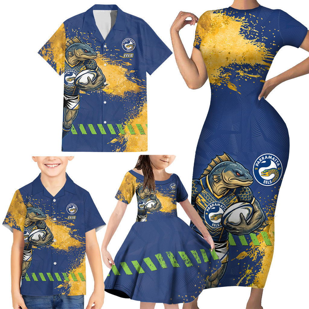 Personalised Parramatta Eels Rugby Family Matching Short Sleeve Bodycon Dress and Hawaiian Shirt Eel Mascot - Sporty Splash Art Style