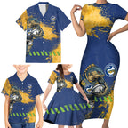 Personalised Parramatta Eels Rugby Family Matching Short Sleeve Bodycon Dress and Hawaiian Shirt Eel Mascot - Sporty Splash Art Style