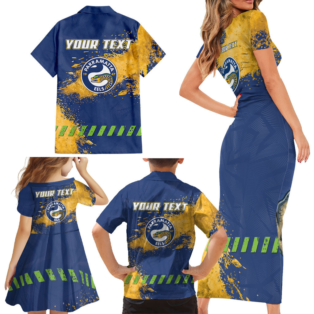 Personalised Parramatta Eels Rugby Family Matching Short Sleeve Bodycon Dress and Hawaiian Shirt Eel Mascot - Sporty Splash Art Style