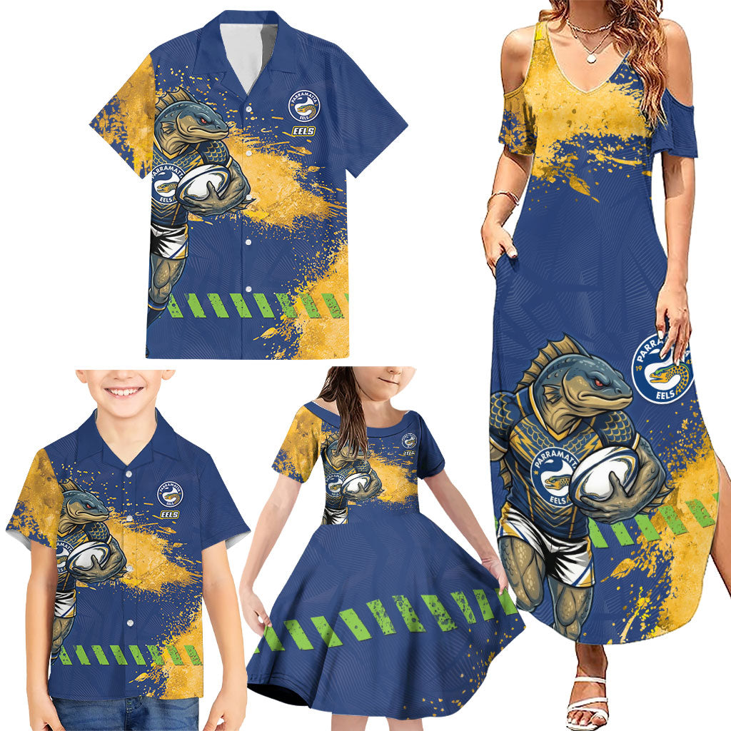 Personalised Parramatta Eels Rugby Family Matching Summer Maxi Dress and Hawaiian Shirt Eel Mascot - Sporty Splash Art Style