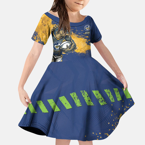 Personalised Parramatta Eels Rugby Family Matching Summer Maxi Dress and Hawaiian Shirt Eel Mascot - Sporty Splash Art Style
