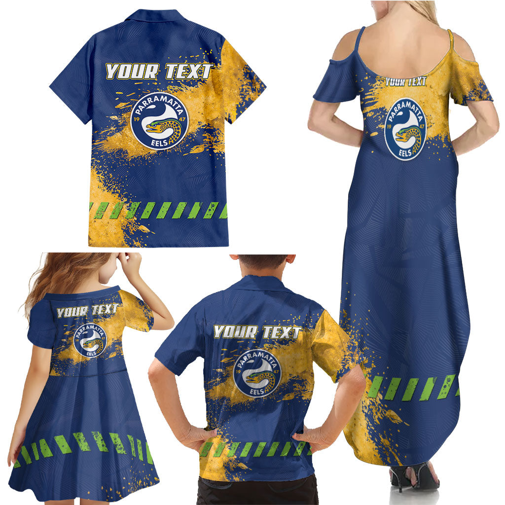 Personalised Parramatta Eels Rugby Family Matching Summer Maxi Dress and Hawaiian Shirt Eel Mascot - Sporty Splash Art Style