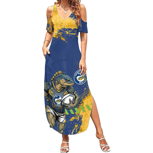 Personalised Parramatta Eels Rugby Family Matching Summer Maxi Dress and Hawaiian Shirt Eel Mascot - Sporty Splash Art Style