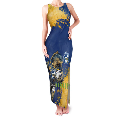 Personalised Parramatta Eels Rugby Family Matching Tank Maxi Dress and Hawaiian Shirt Eel Mascot - Sporty Splash Art Style