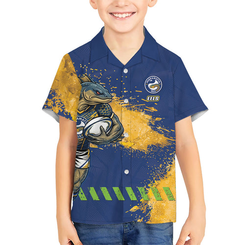 Personalised Parramatta Eels Rugby Family Matching Tank Maxi Dress and Hawaiian Shirt Eel Mascot - Sporty Splash Art Style