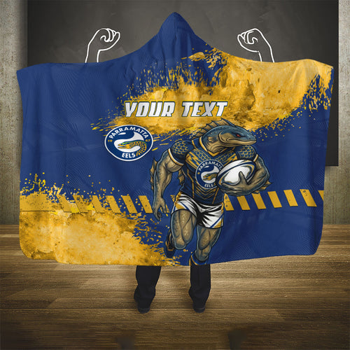 Personalised Parramatta Eels Rugby Hooded Blanket Eel Mascot - Sporty Splash Art Style