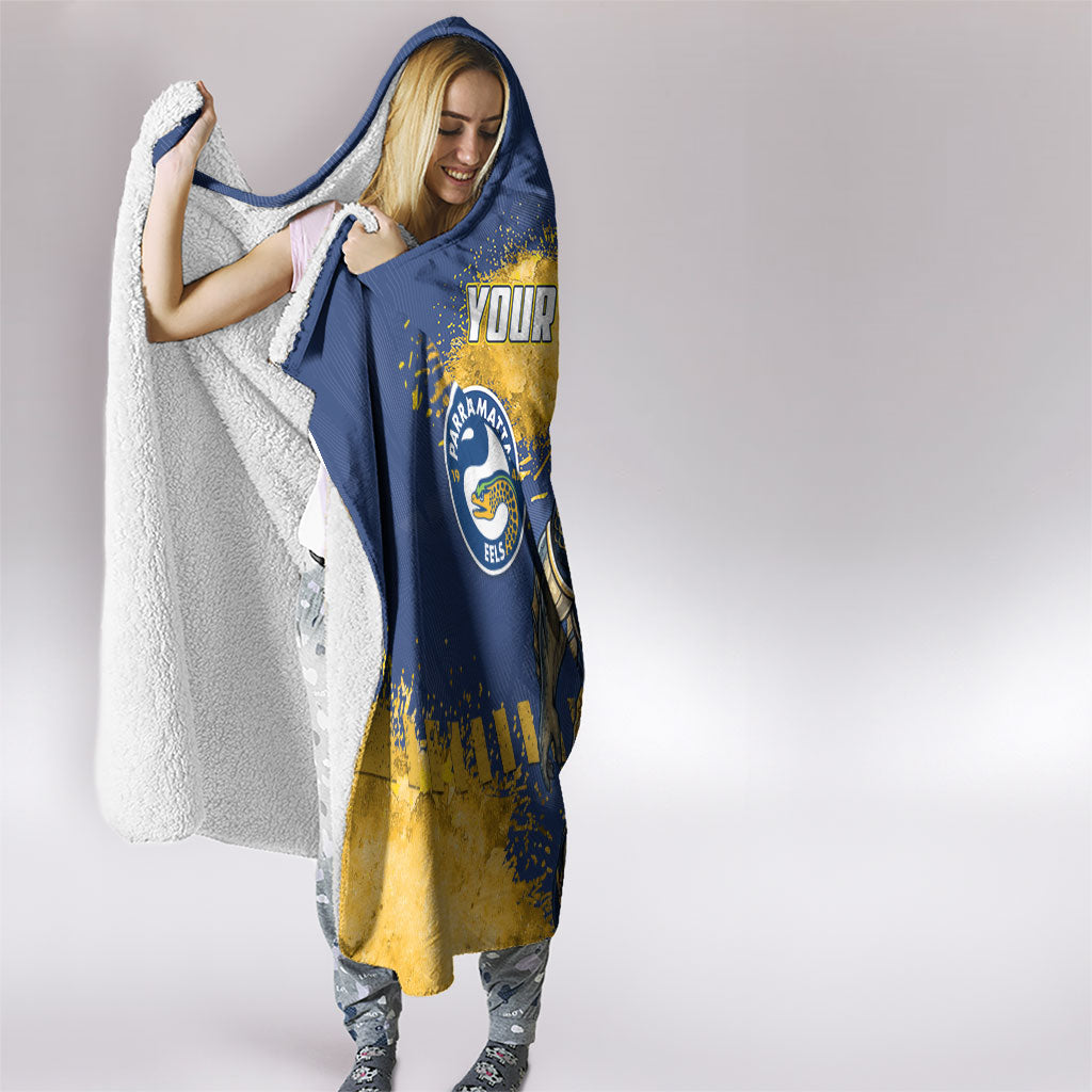 Personalised Parramatta Eels Rugby Hooded Blanket Eel Mascot - Sporty Splash Art Style