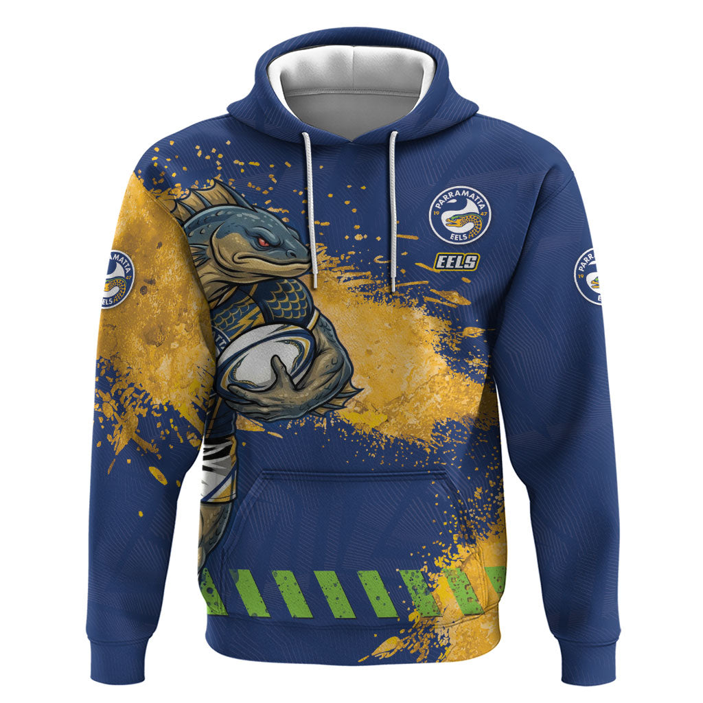 Personalised Parramatta Eels Rugby Hoodie Eel Mascot - Sporty Splash Art Style