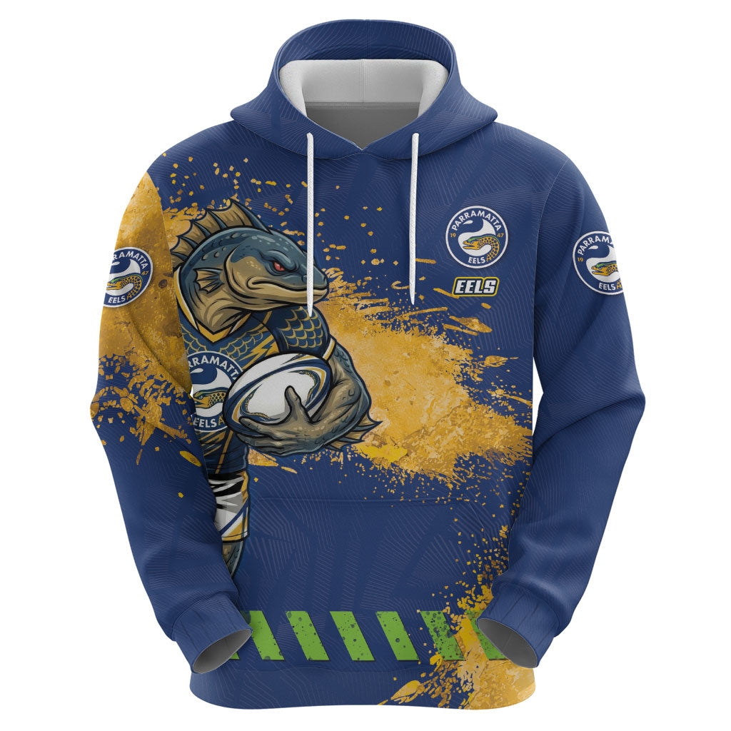 Personalised Parramatta Eels Rugby Hoodie Eel Mascot - Sporty Splash Art Style