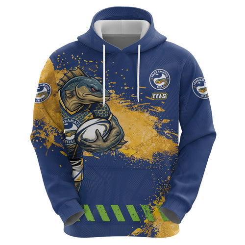 Personalised Parramatta Eels Rugby Hoodie Eel Mascot - Sporty Splash Art Style