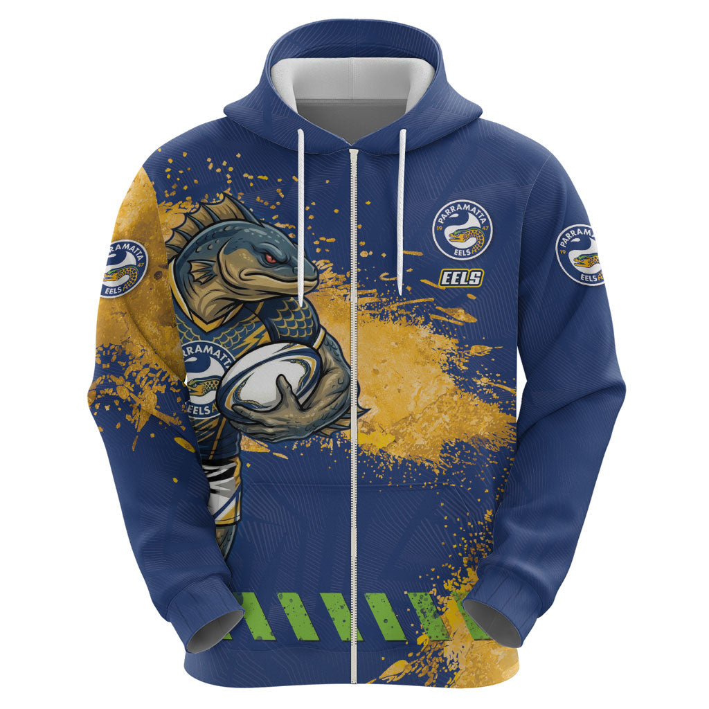Personalised Parramatta Eels Rugby Hoodie Eel Mascot - Sporty Splash Art Style