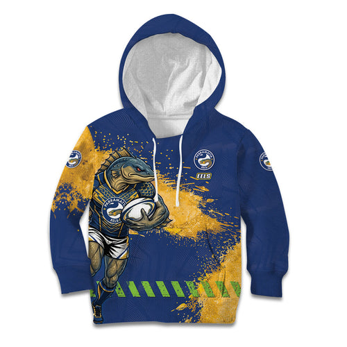 Personalised Parramatta Eels Rugby Kid Hoodie Eel Mascot - Sporty Splash Art Style