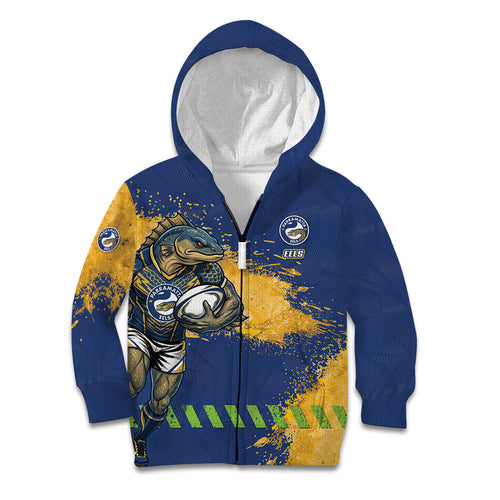 Personalised Parramatta Eels Rugby Kid Hoodie Eel Mascot - Sporty Splash Art Style