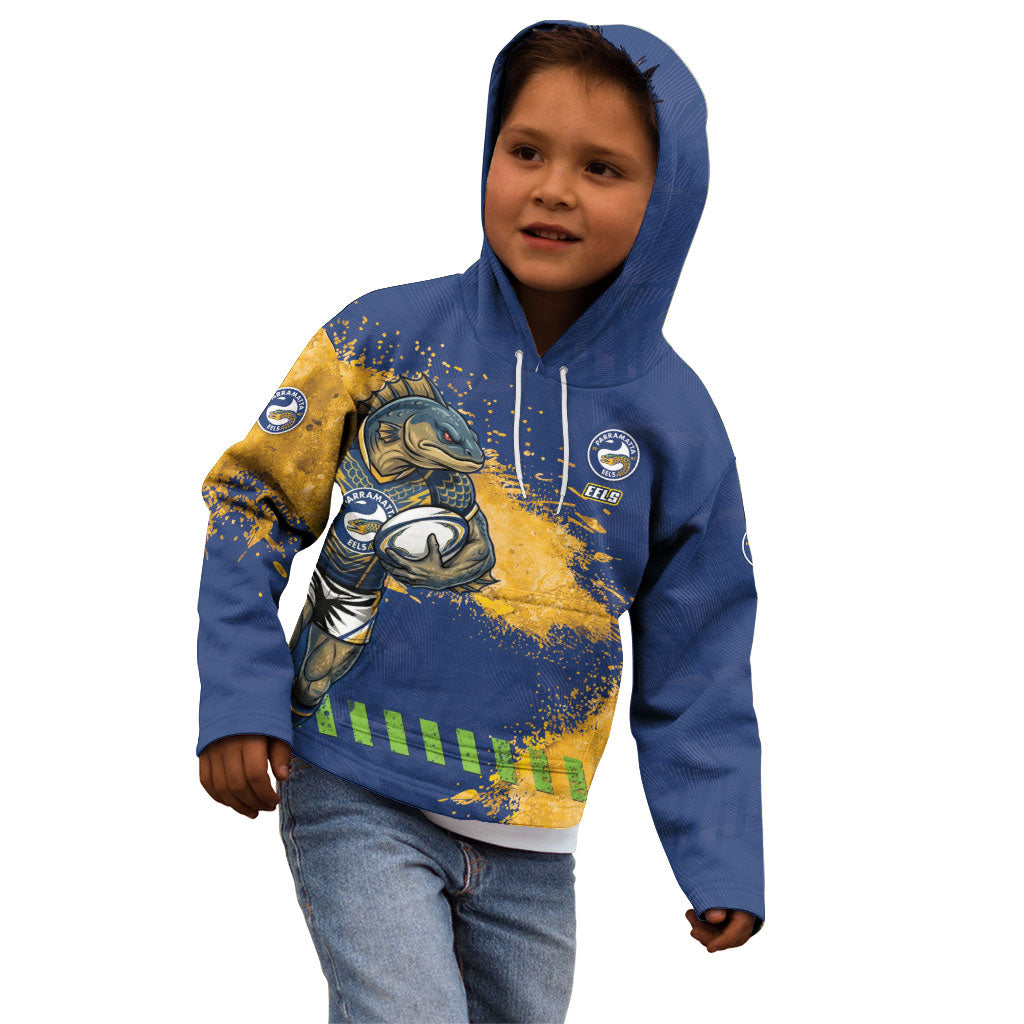 Personalised Parramatta Eels Rugby Kid Hoodie Eel Mascot - Sporty Splash Art Style