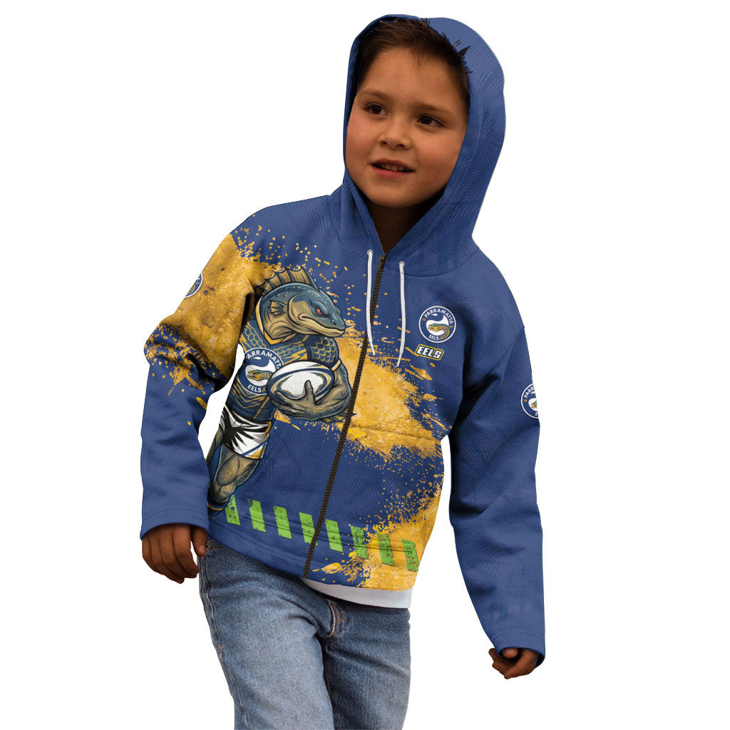 Personalised Parramatta Eels Rugby Kid Hoodie Eel Mascot - Sporty Splash Art Style