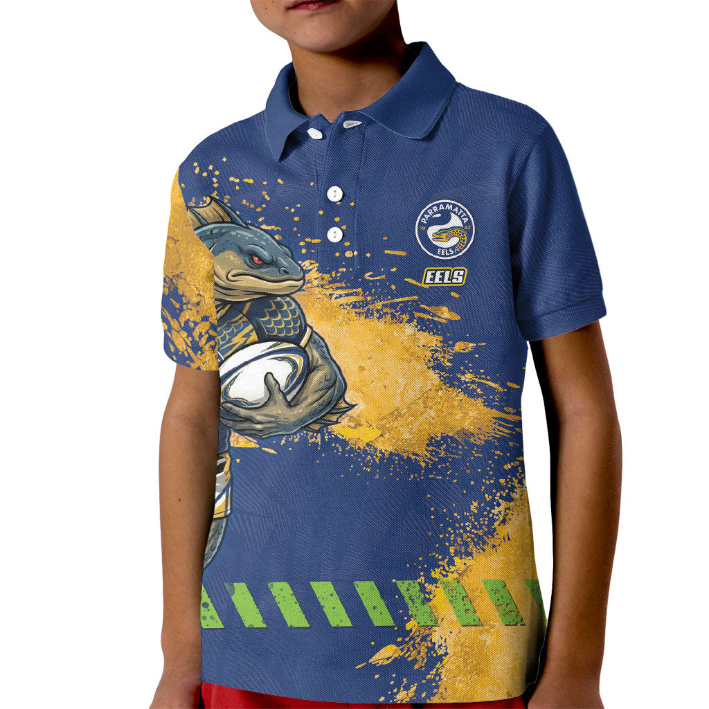 Personalised Parramatta Eels Rugby Kid Polo Shirt Eel Mascot - Sporty Splash Art Style