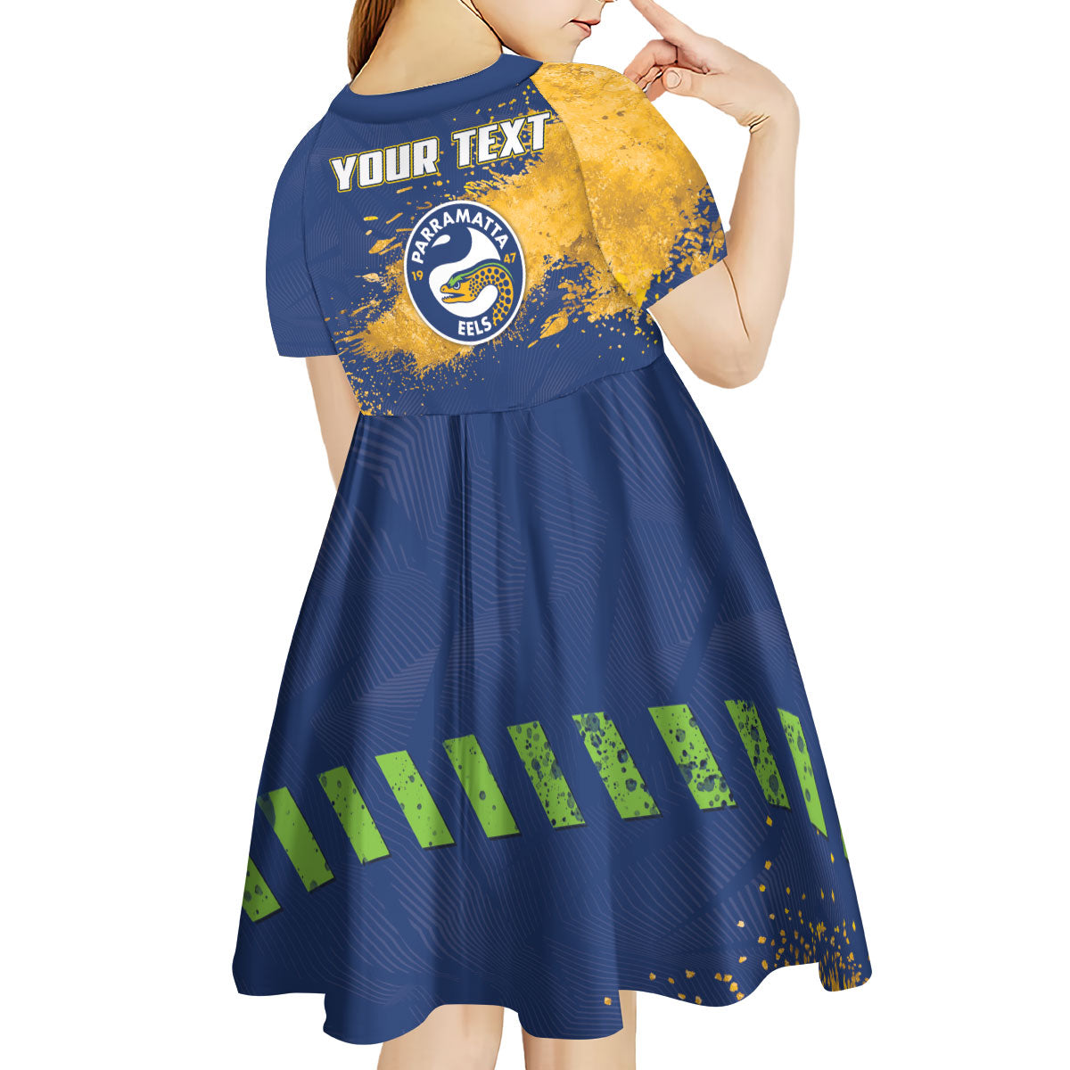 Personalised Parramatta Eels Rugby Kid Short Sleeve Dress Eel Mascot - Sporty Splash Art Style