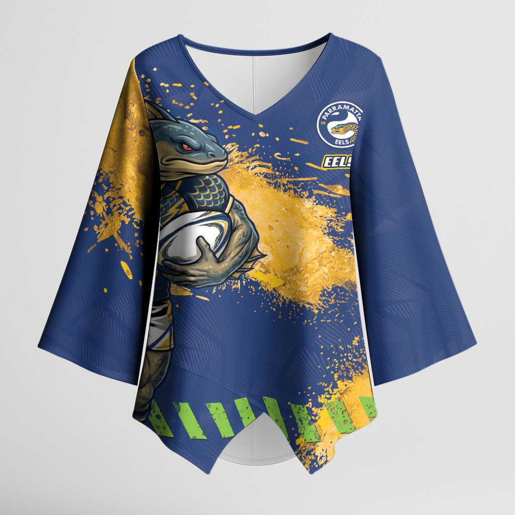 Personalised Parramatta Eels Rugby Kimono Sleeve Blouse Eel Mascot - Sporty Splash Art Style