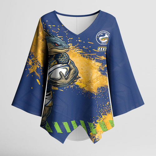 Personalised Parramatta Eels Rugby Kimono Sleeve Blouse Eel Mascot - Sporty Splash Art Style