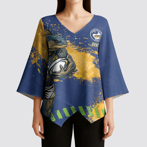 Personalised Parramatta Eels Rugby Kimono Sleeve Blouse Eel Mascot - Sporty Splash Art Style